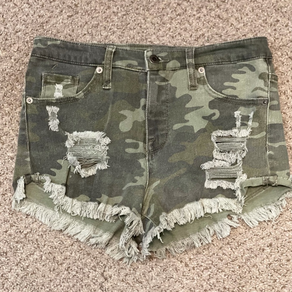 High Rise Camo Denim Shorts